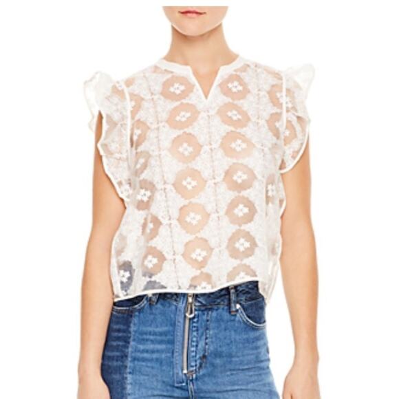 Sandro Paris Victoria White Sheer Lace Ruffle Top - Picture 1 of 12
